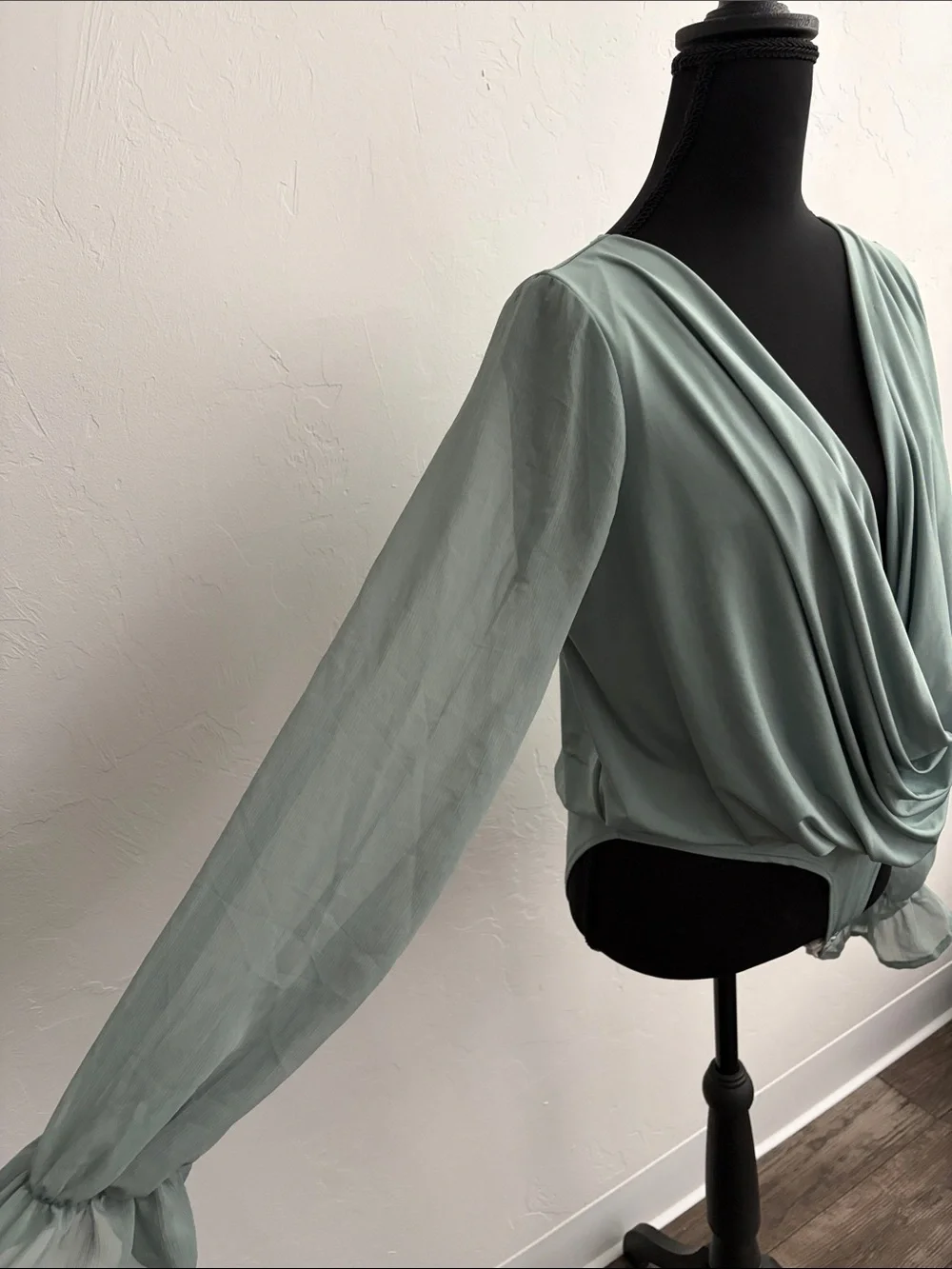 Fashion Nova Sage Green Draped V-Neck Bodysuit - Picture 2 of 3
